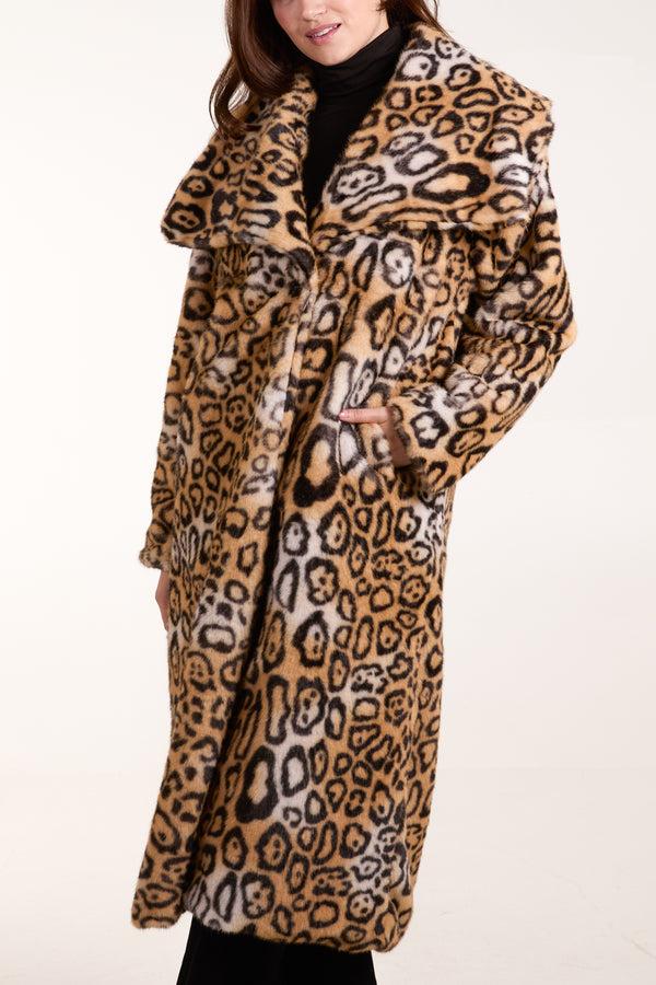 Qed London Leopard Fur Extreme Collar Coat