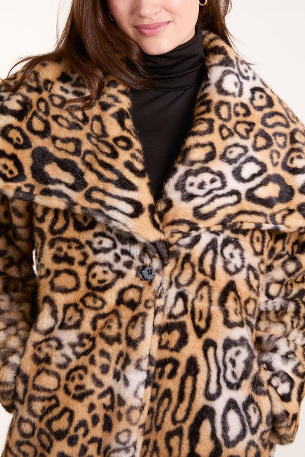 Qed London Leopard Fur Extreme Collar Coat