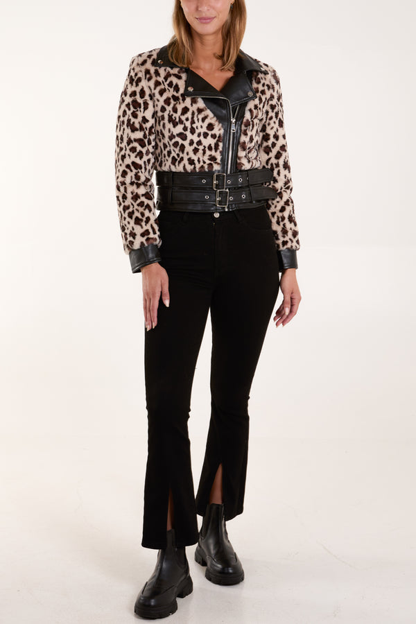 Qed London Leopard Fur Panel Pu Biker Jacket