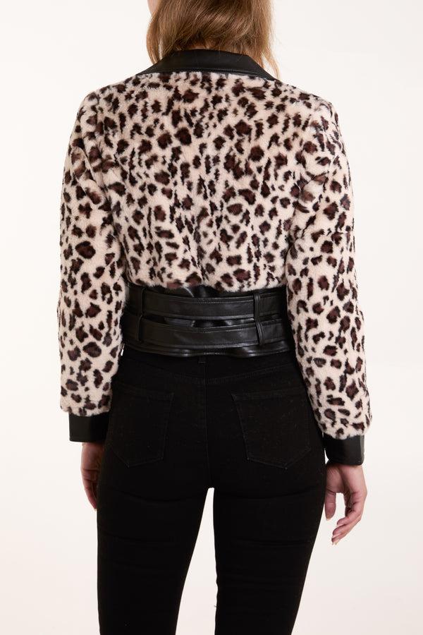 Qed London Leopard Fur Panel Pu Biker Jacket
