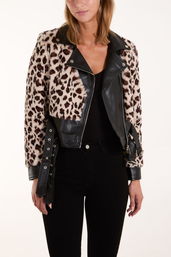 Qed London Leopard Fur Panel Pu Biker Jacket