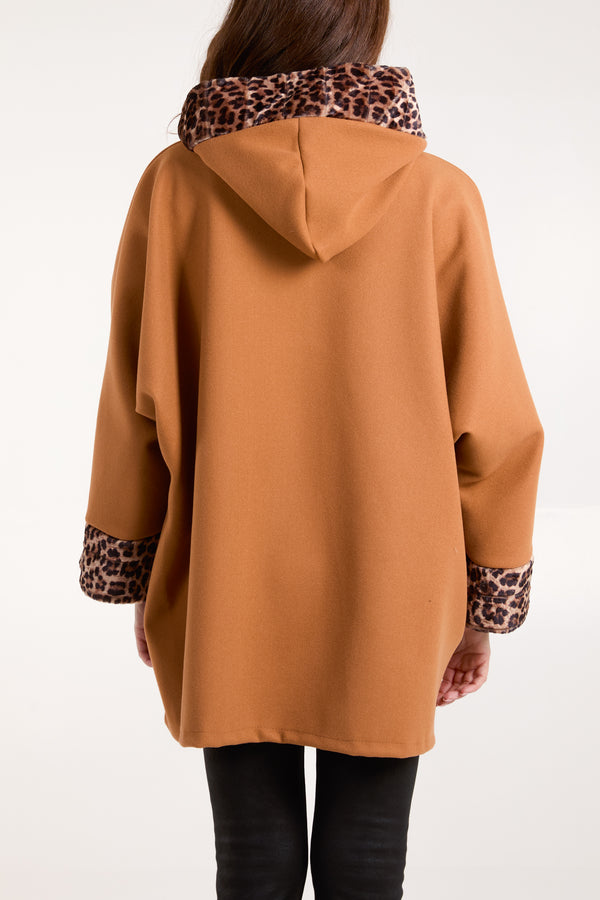 Qed London Leopard Fur Trim Hooded Coat