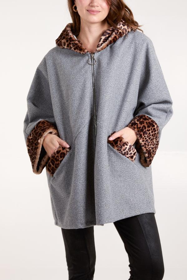 Qed London Leopard Fur Trim Hooded Coat