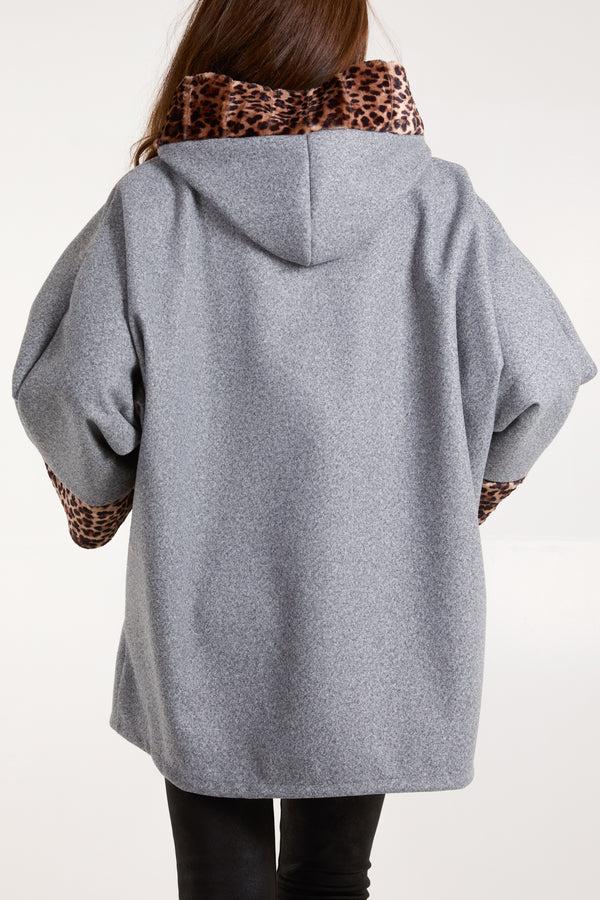 Qed London Leopard Fur Trim Hooded Coat