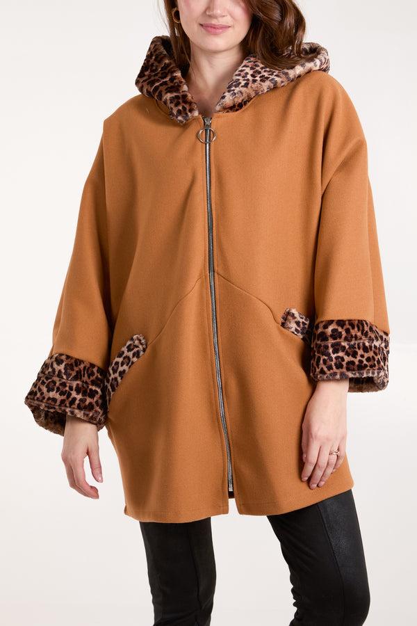 qed london Leopard Fur Trim Hooded Coat