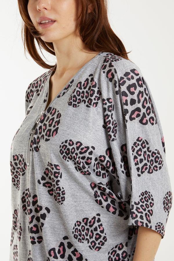 Qed London Leopard Heart Print Zip Top