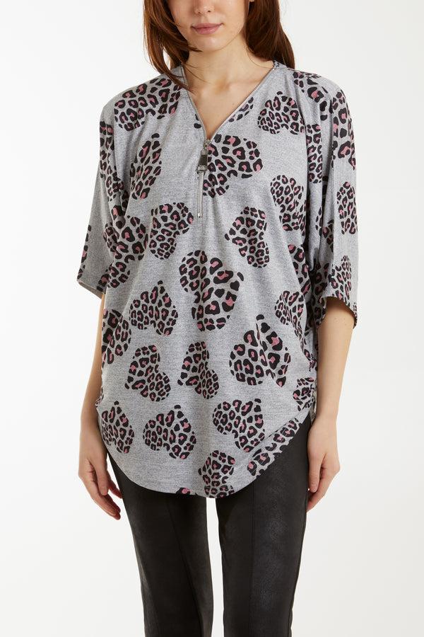 Qed London Leopard Heart Print Zip Top