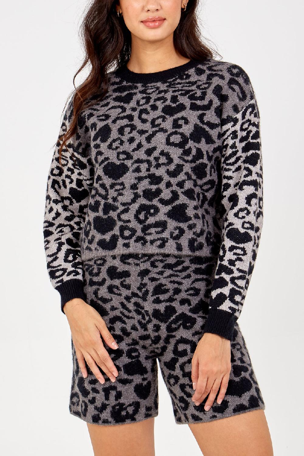 Qed London Leopard Knit Jumper & Short Set