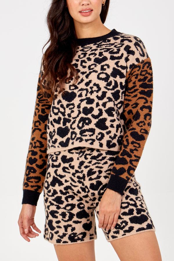 Qed London Leopard Knit Jumper & Short Set