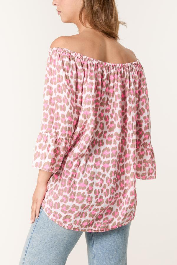 Qed London Leopard Print Bardot Cheesecloth Top