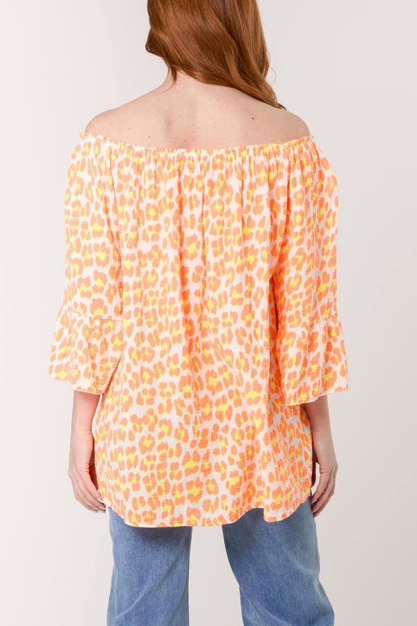 Qed London Leopard Print Bardot Cheesecloth Top