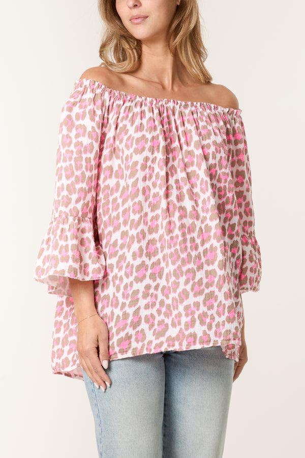 qed london Leopard Print Bardot Cheesecloth Top