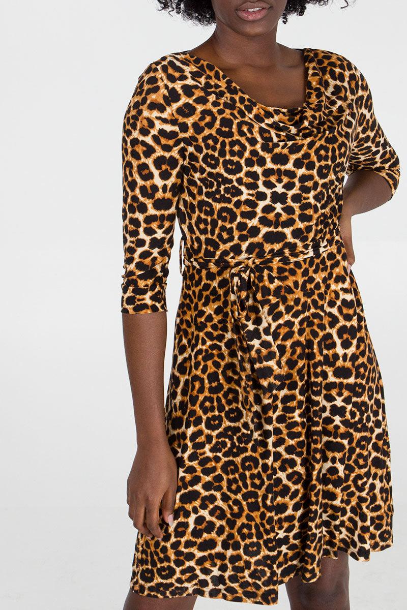 Qed London Leopard Print Cowl Neck Fit & Flare Dres