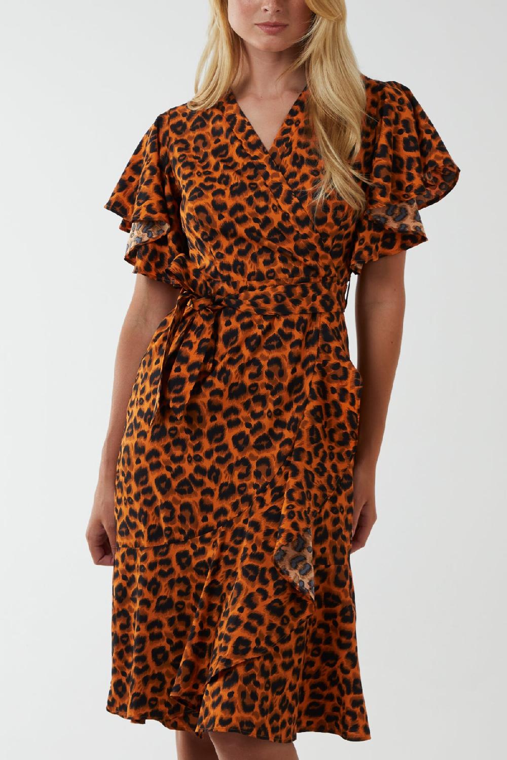 Qed London Leopard Print Ruffle Wrap Midi Dress