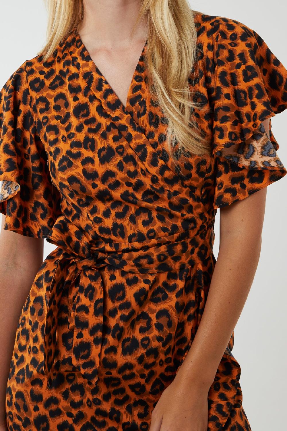 Qed London Leopard Print Ruffle Wrap Midi Dress