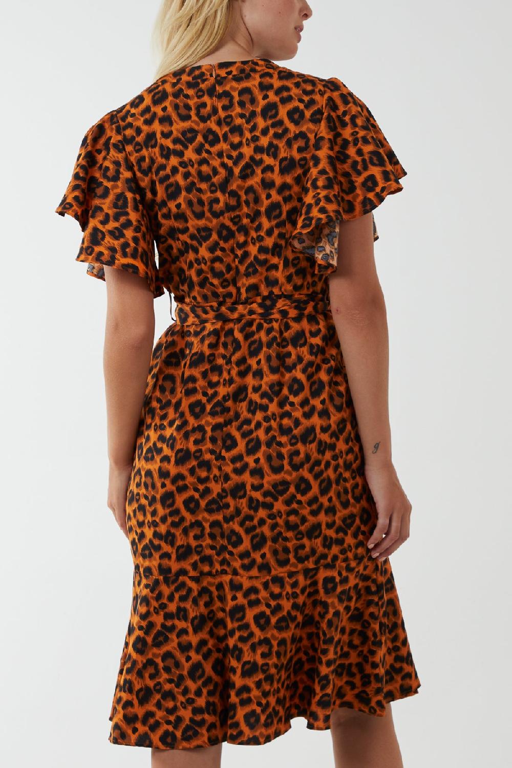 Qed London Leopard Print Ruffle Wrap Midi Dress