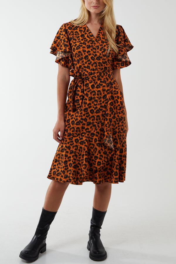 qed london Leopard Print Ruffle Wrap Midi Dress