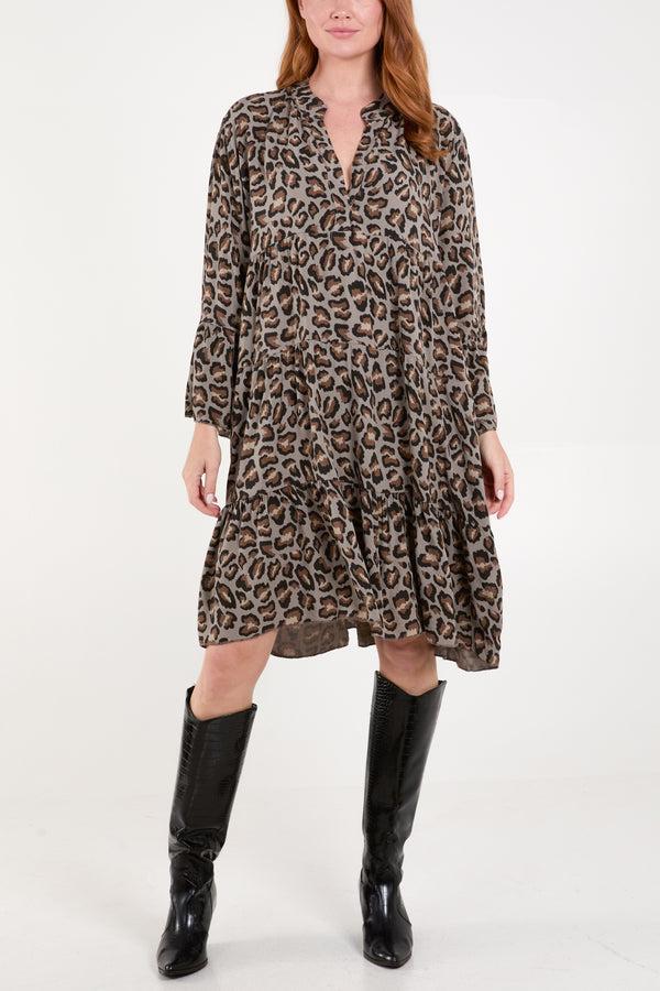 Qed London Leopard Print Tiered Mini Dress