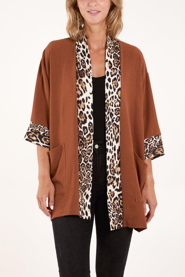 Qed London Leopard Print Trim Kimono Jacket
