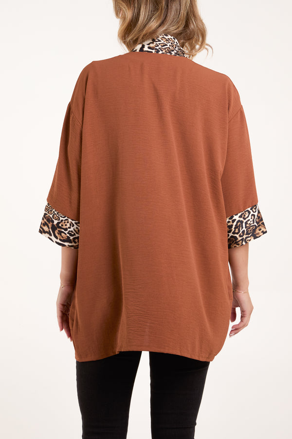 Qed London Leopard Print Trim Kimono Jacket