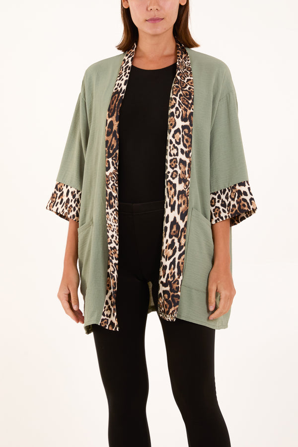 qed london Leopard Print Trim Kimono Jacket