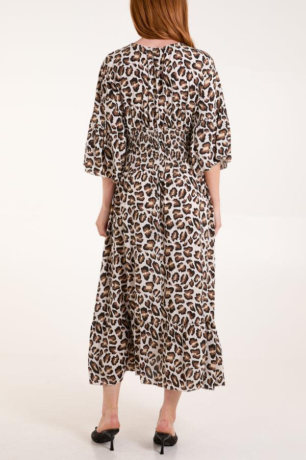 Qed London Leopard Shirred Bodice Midi Dress