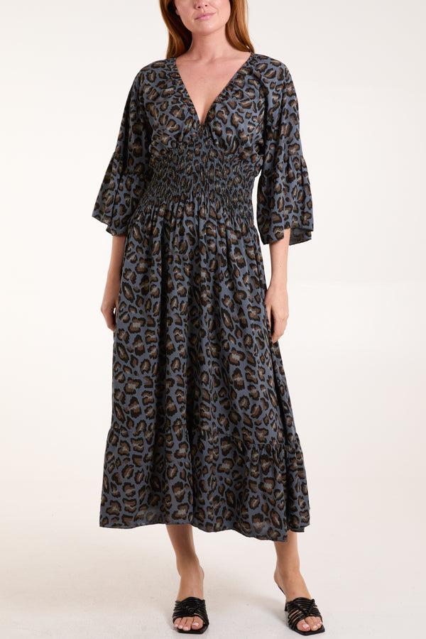 Qed London Leopard Shirred Bodice Midi Dress