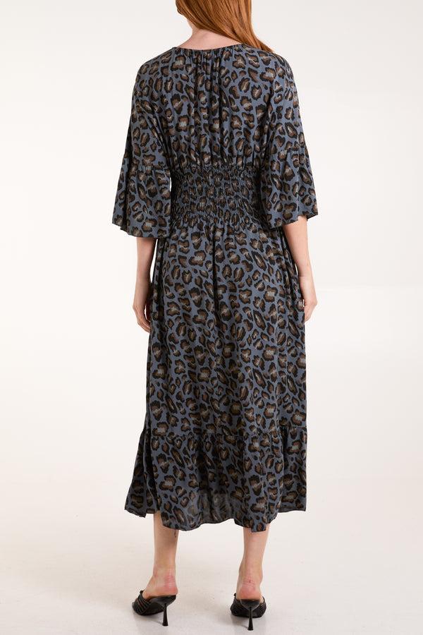Qed London Leopard Shirred Bodice Midi Dress