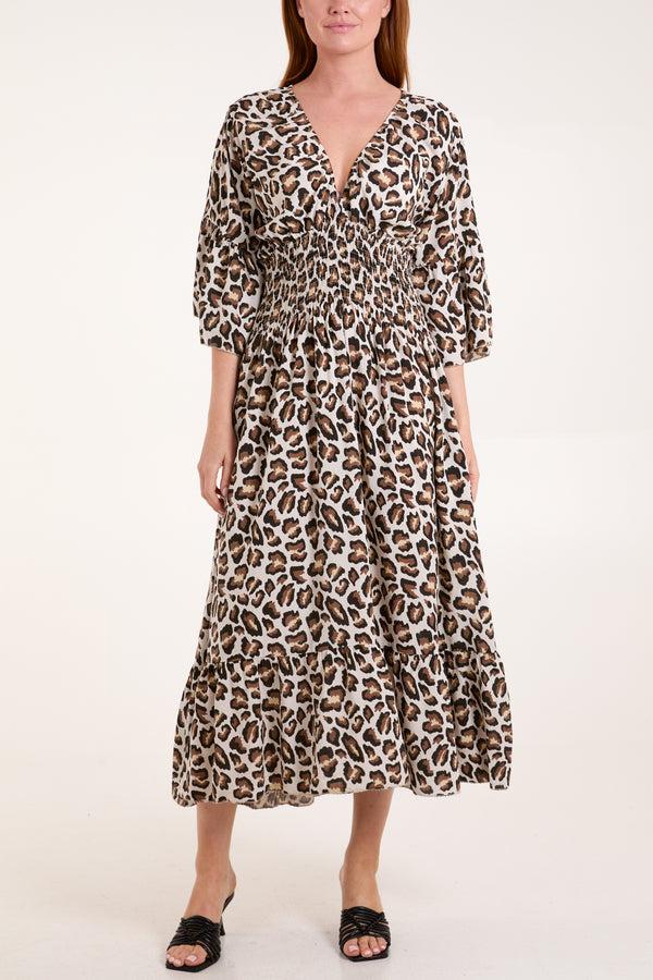 qed london Leopard Shirred Bodice Midi Dress