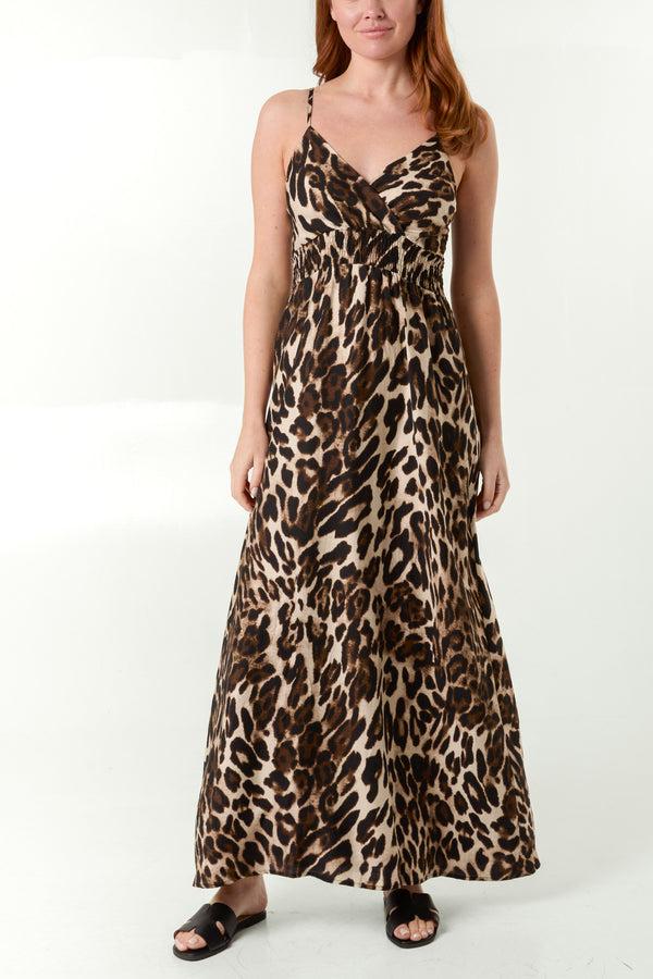 Qed London Leopard Shirred Cami Maxi Dress