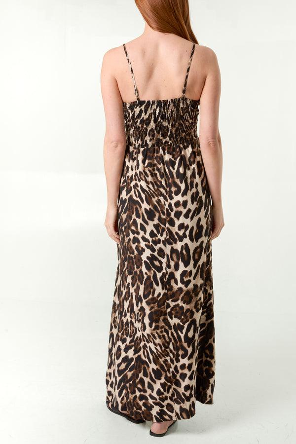 Qed London Leopard Shirred Cami Maxi Dress