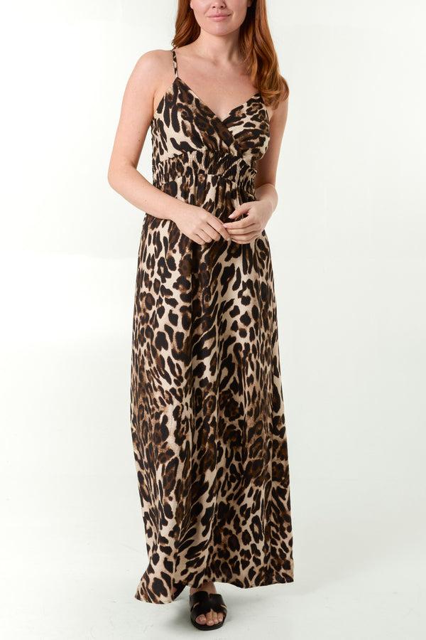 qed london Leopard Shirred Cami Maxi Dress