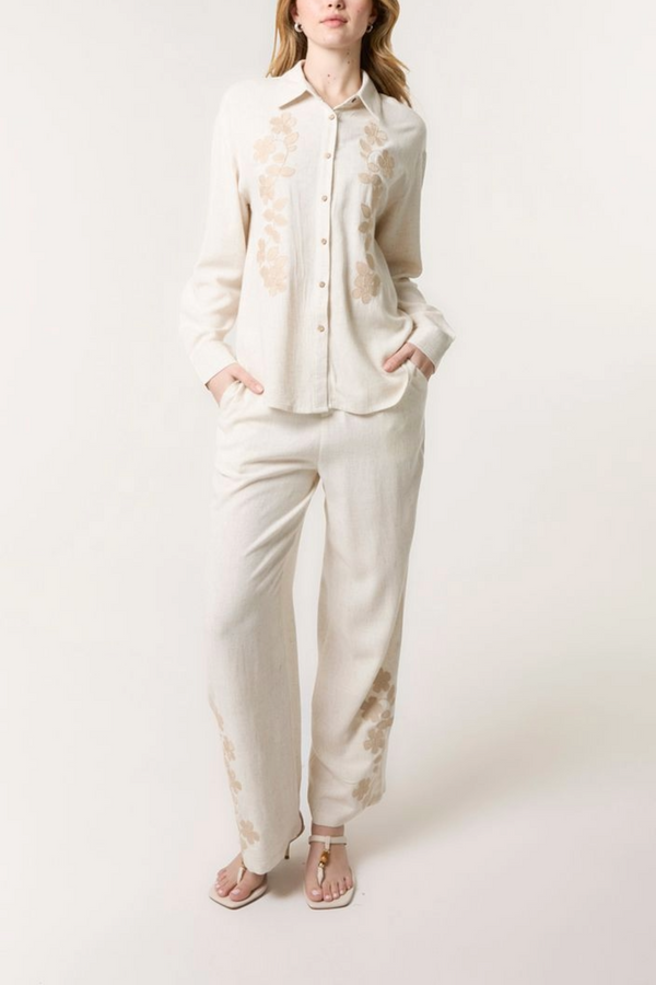 Qed London Linen Flower Embroidered Shirt