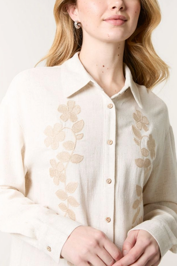 Qed London Linen Flower Embroidered Shirt