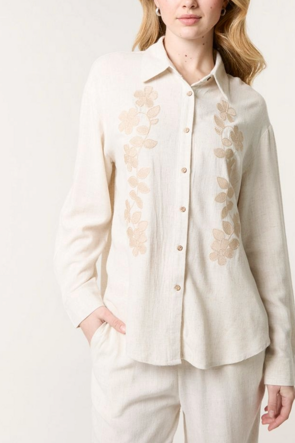 qed london Linen Flower Embroidered Shirt