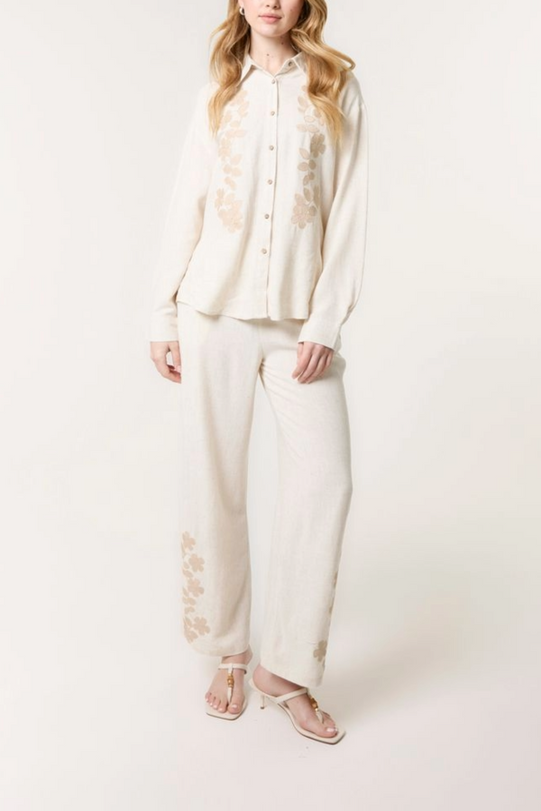 Qed London Linen Flower Embroidered Trousers