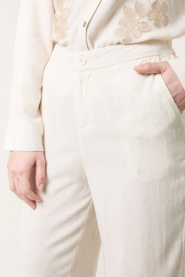 Qed London Linen Flower Embroidered Trousers