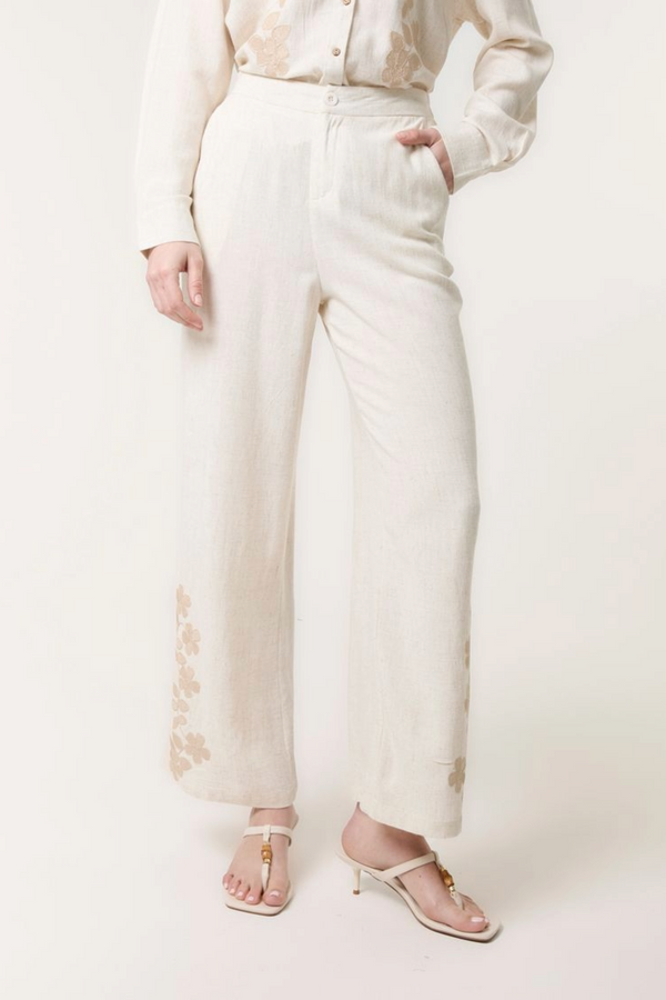 qed london Linen Flower Embroidered Trousers