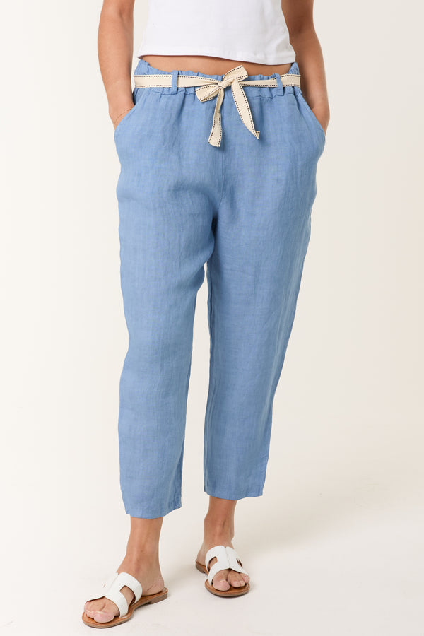 qed london Linen Trouser W/ Embroidered Belt