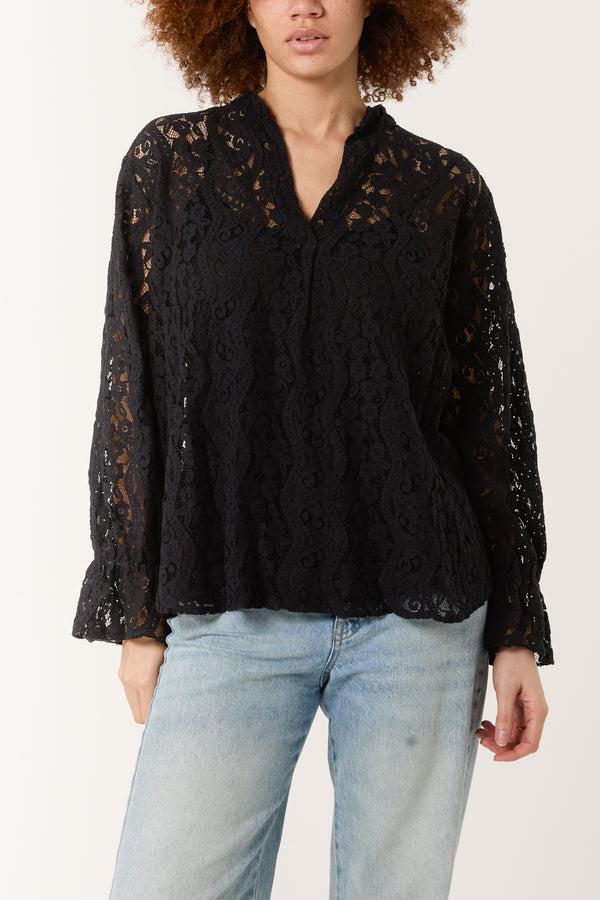 Qed London Long Sleeve Floral Lace Lined Blouse