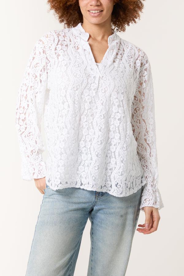 qed london Long Sleeve Floral Lace Lined Blouse