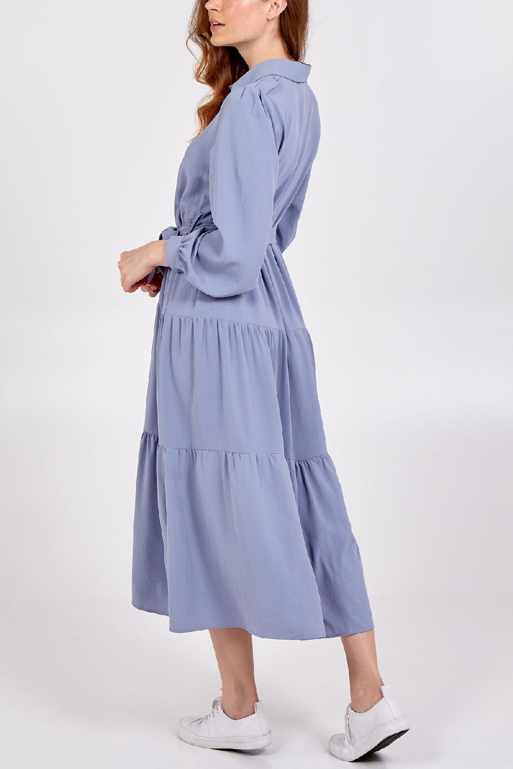 Qed London Long Tiered Collar Dress With Belt