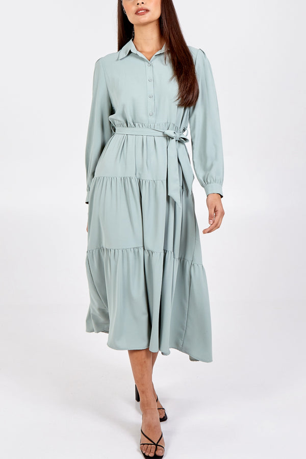 Qed London Long Tiered Collar Dress With Belt
