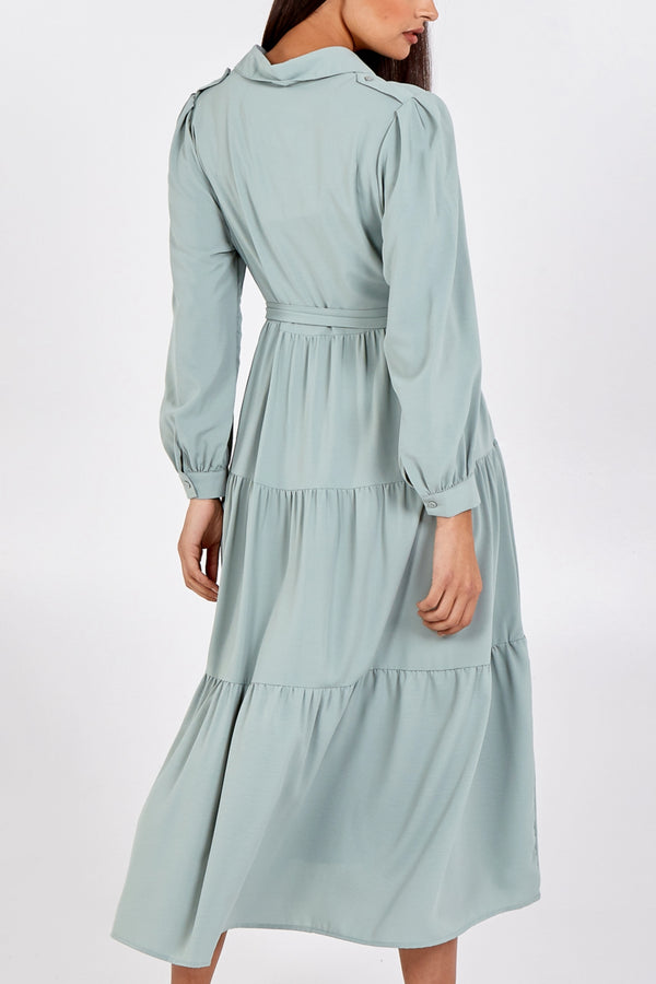 Qed London Long Tiered Collar Dress With Belt