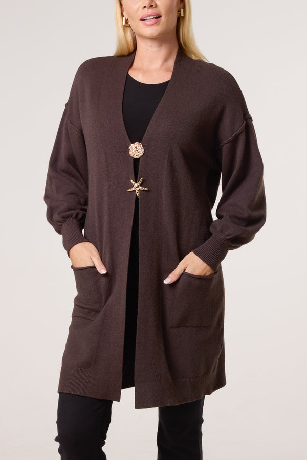 Qed London Longline Broch Detail Pockets Cardigan