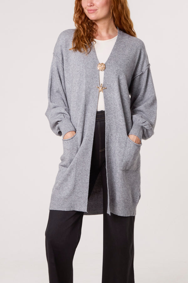 qed london Longline Broch Detail Pockets Cardigan