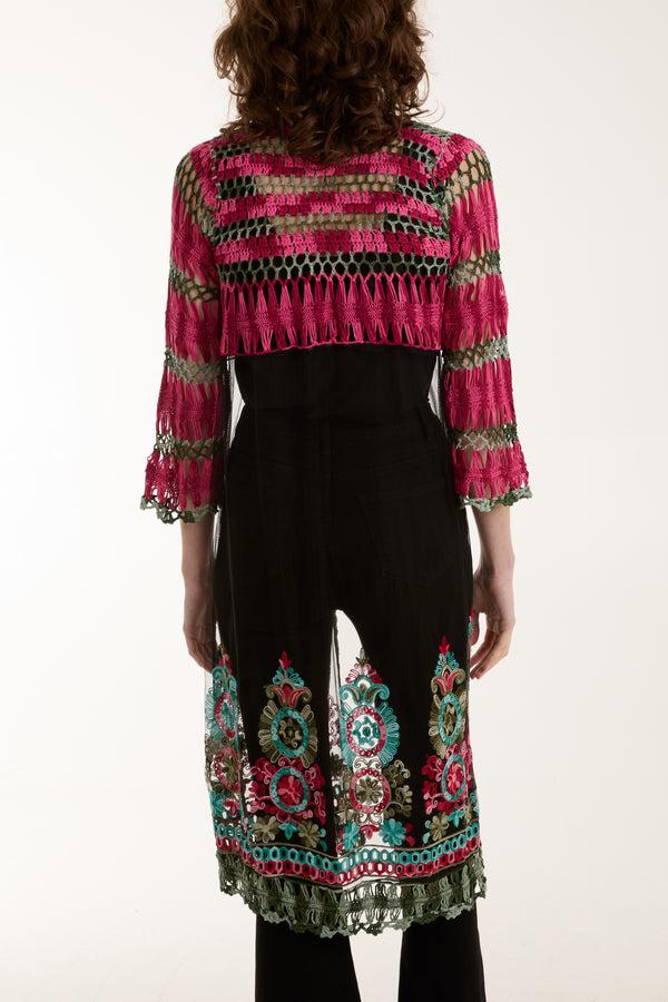 Qed London Longline Crochet Detail Mesh Kimono