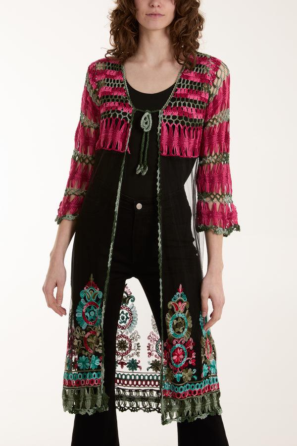 qed london Longline Crochet Detail Mesh Kimono
