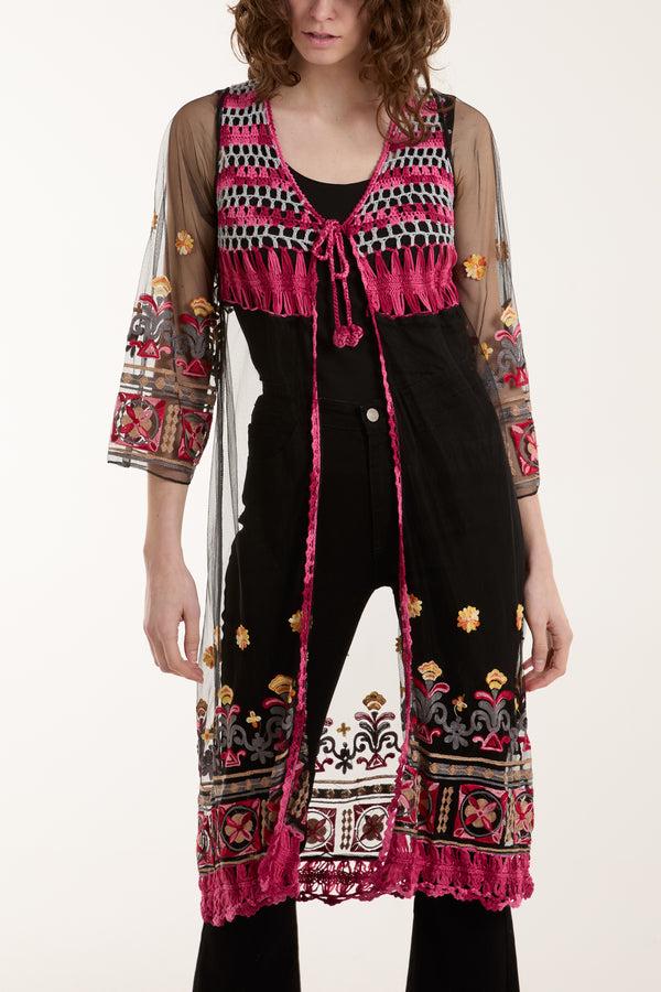 qed london Longline Crochet Mesh Tie Kimono