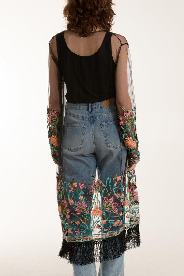 Qed London Longline Mesh Embroidered Tassel Kaftan